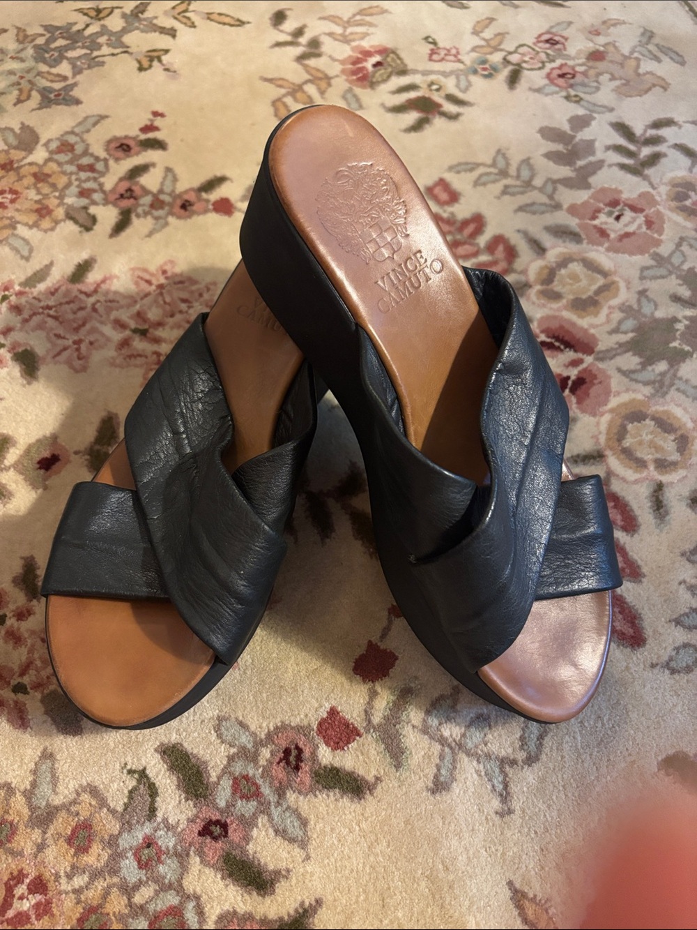 Vince Camuto Black Leather Crisscross Slide Platform Heels